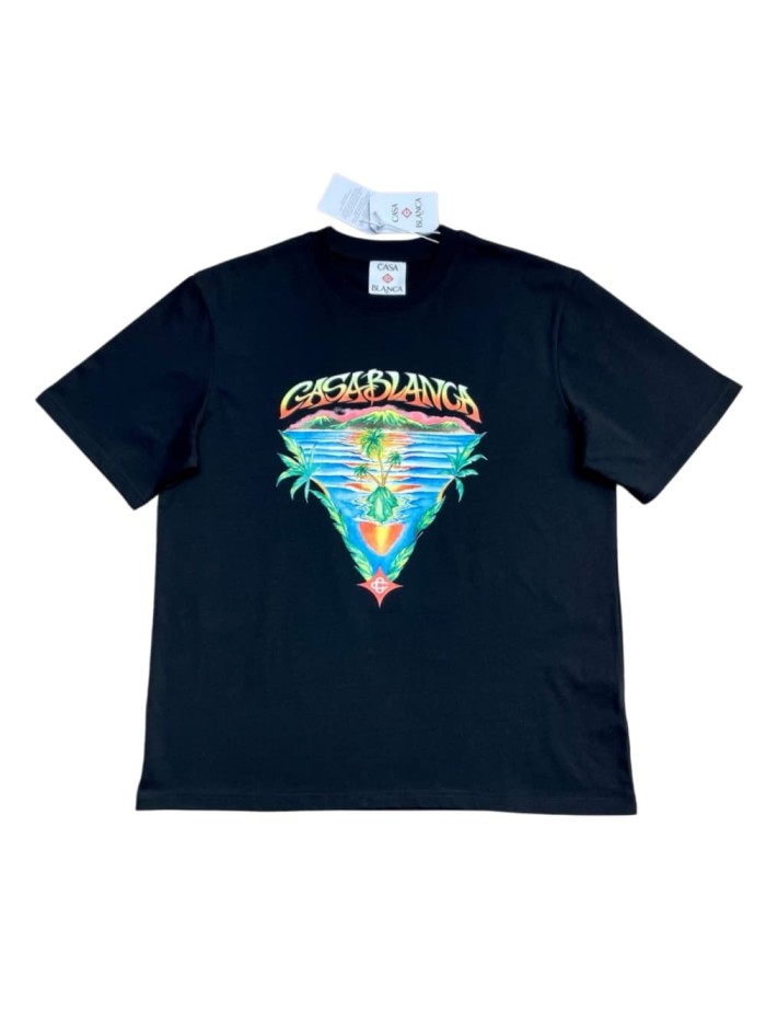 1:1 quality version Tropical Island Palm Tree Triangle Frame Gradient Brand Letter Print T-shirt 29220531