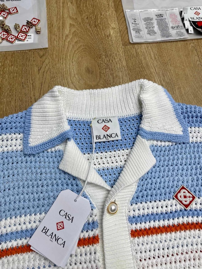 1:1 quality version Mediterranean Resort Striped Openwork Crochet Knit Logo Embroidery Polo Shirt & Shorts Set 29220431