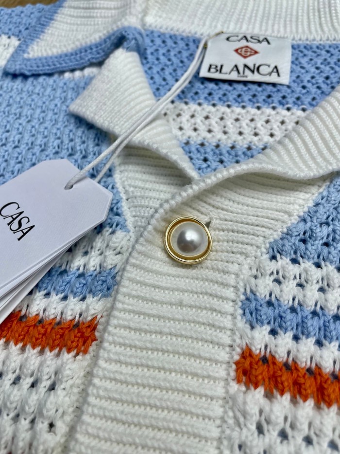 1:1 quality version Mediterranean Resort Striped Openwork Crochet Knit Logo Embroidery Polo Shirt & Shorts Set 29220431