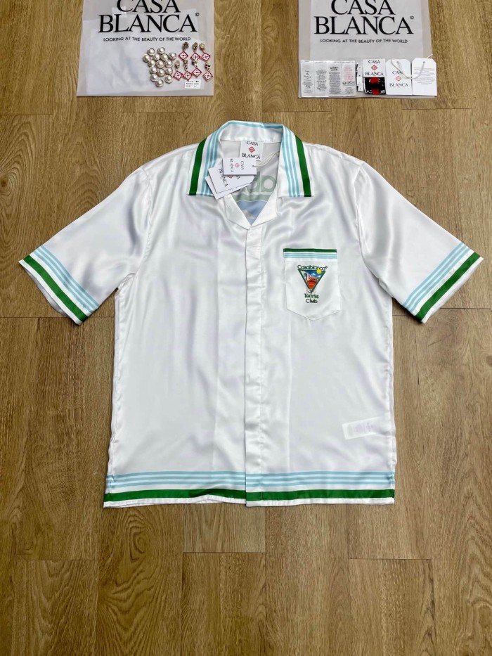 1:1 quality version Green Striped Trim Triangle Tennis Villa Print Silky Viscose Camp Collar Shirt 29220569
