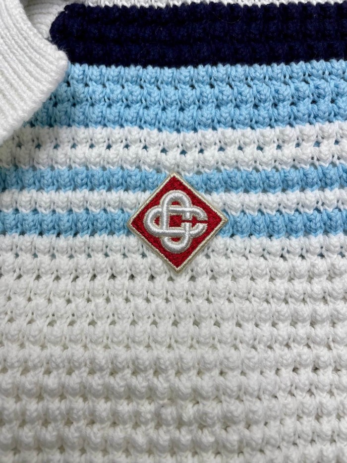 1:1 quality version Navy Light Blue White Horizontal Gradient Stripe Diamond Logo Embroidery Knit Shirt & Shorts Set 29220635