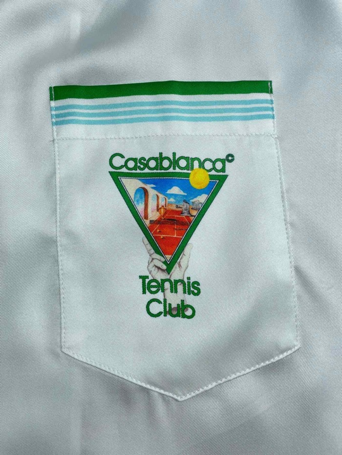 1:1 quality version Green Striped Trim Triangle Tennis Villa Print Silky Viscose Camp Collar Shirt 29220569