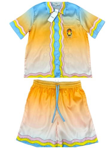 1:1 quality version Blue Orange Peach Gradient Wave Multicolor Striped Borde Silky Polo Shirt & Shorts Set 29220588