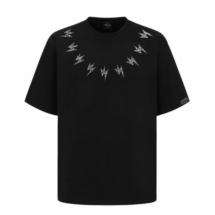 Holographic Rhinestone Lightning Bolt Neck Gothic Back Letter Print T-shirt 2 colors 29220646