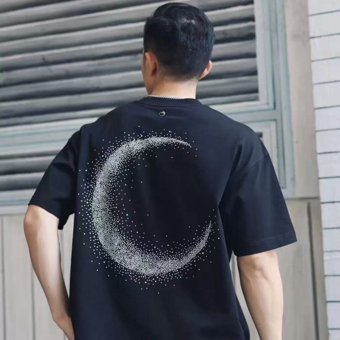 Full Rhinestone Crescent Slogan Luxury Tee 29220117