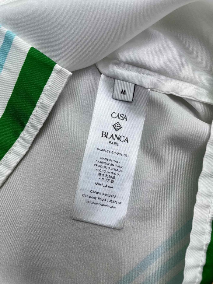 1:1 quality version Green Striped Trim Triangle Tennis Villa Print Silky Viscose Camp Collar Shirt 29220569