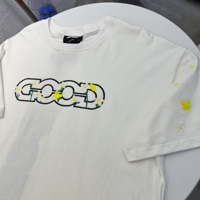 Yellow Stamen White Flower Butterfly Embroidery Tee 2 colors 29220603