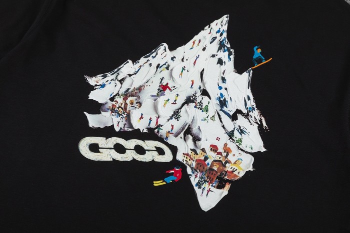 Unisex Cartoon Skier Mountain Scene 3D Puff Brand Slogan Front Back Print T-shirt 29220403