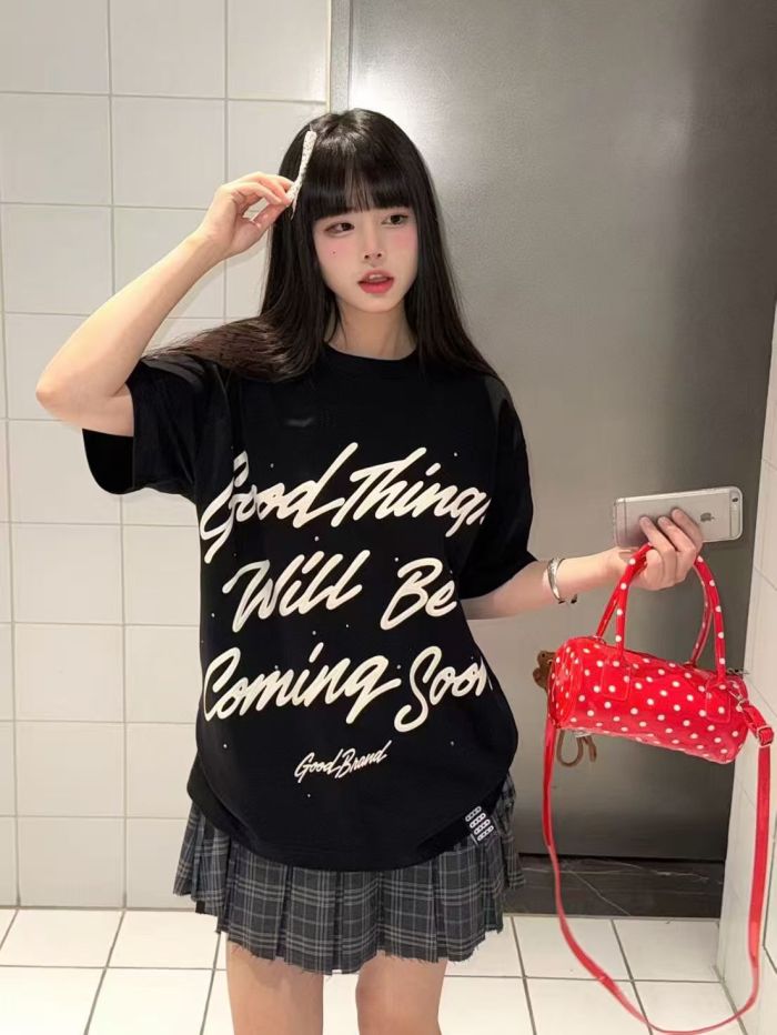 Unisex Handwritten Cursive 3D Puff Print Slogan Black T-shirt 29220104