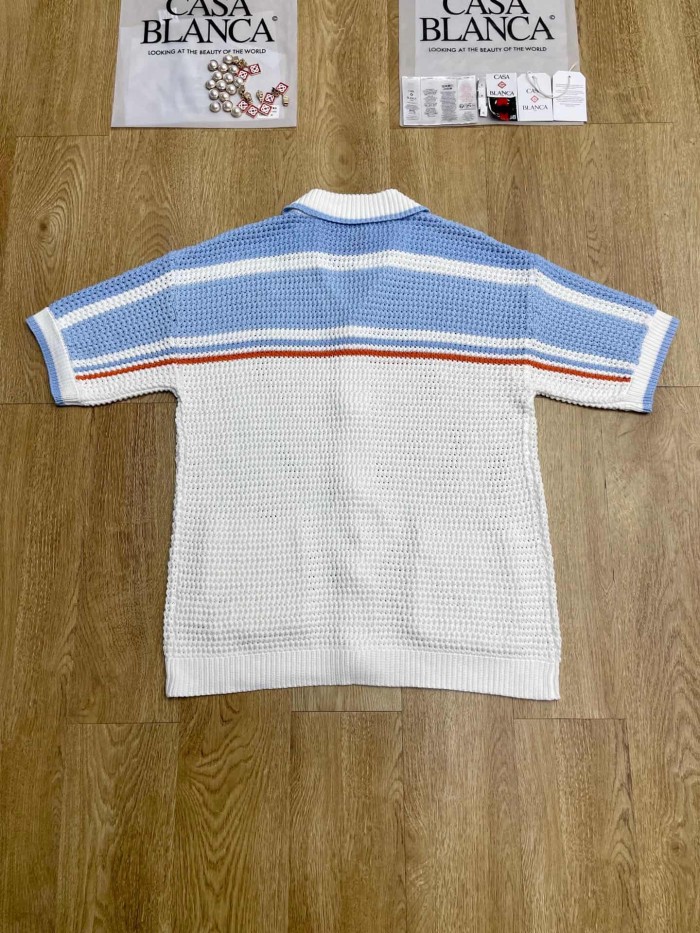 1:1 quality version Mediterranean Resort Striped Openwork Crochet Knit Logo Embroidery Polo Shirt & Shorts Set 29220431
