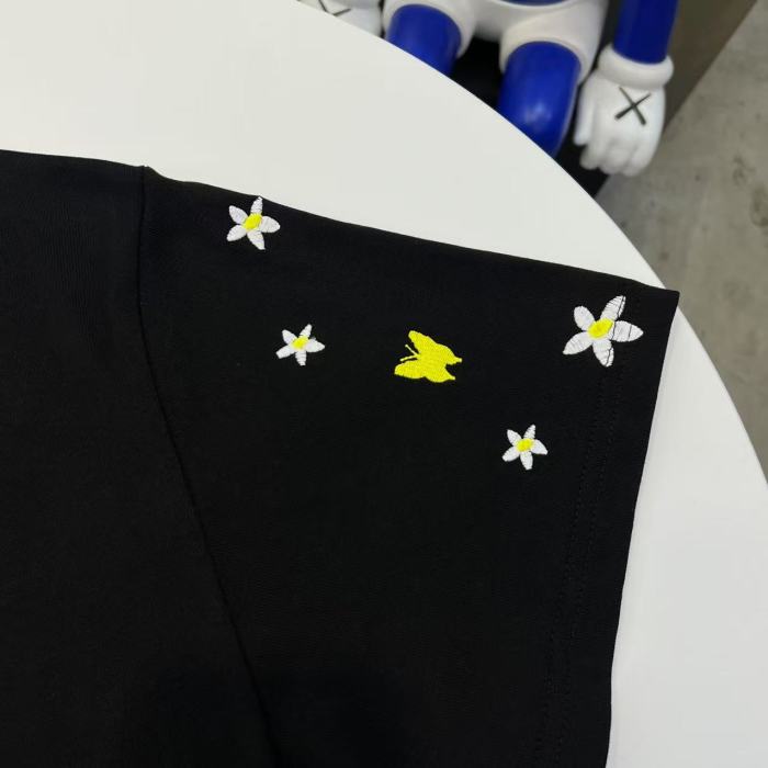 Yellow Stamen White Flower Butterfly Embroidery Tee 2 colors 29220603