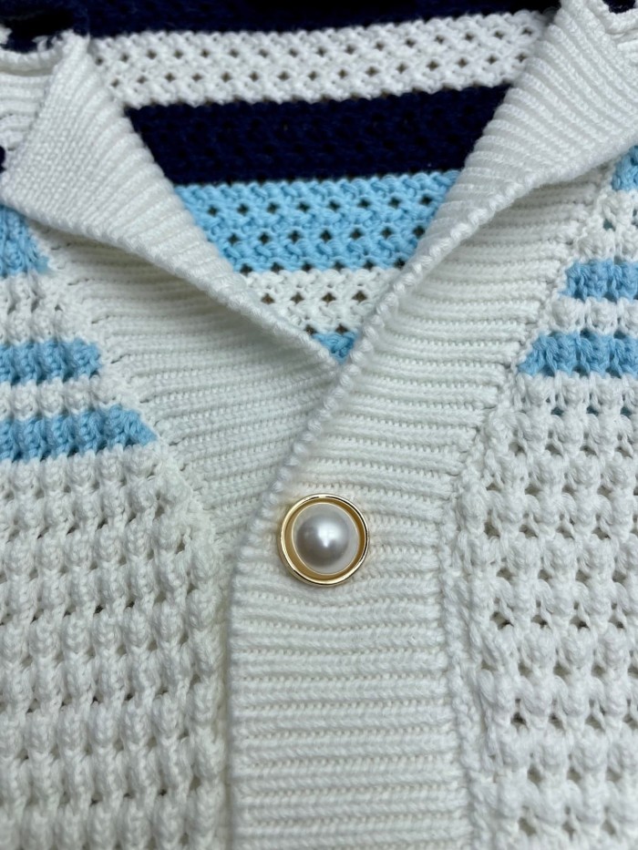1:1 quality version Navy Light Blue White Horizontal Gradient Stripe Diamond Logo Embroidery Knit Shirt & Shorts Set 29220635
