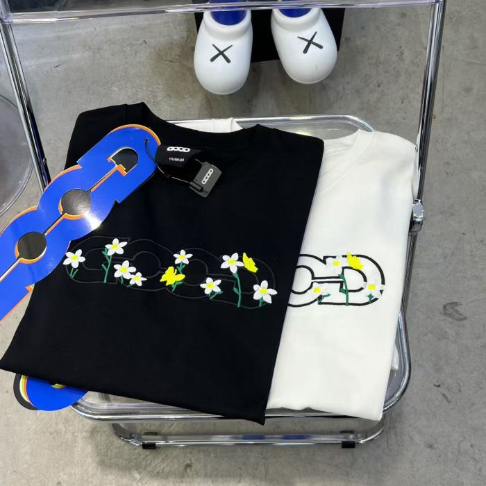Yellow Stamen White Flower Butterfly Embroidery Tee 2 colors 29220603