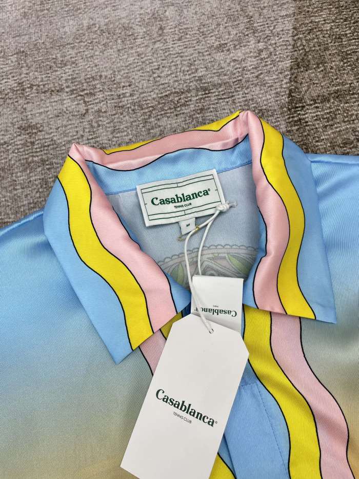 1:1 quality version Blue Orange Peach Gradient Wave Multicolor Striped Borde Silky Polo Shirt & Shorts Set 29220588