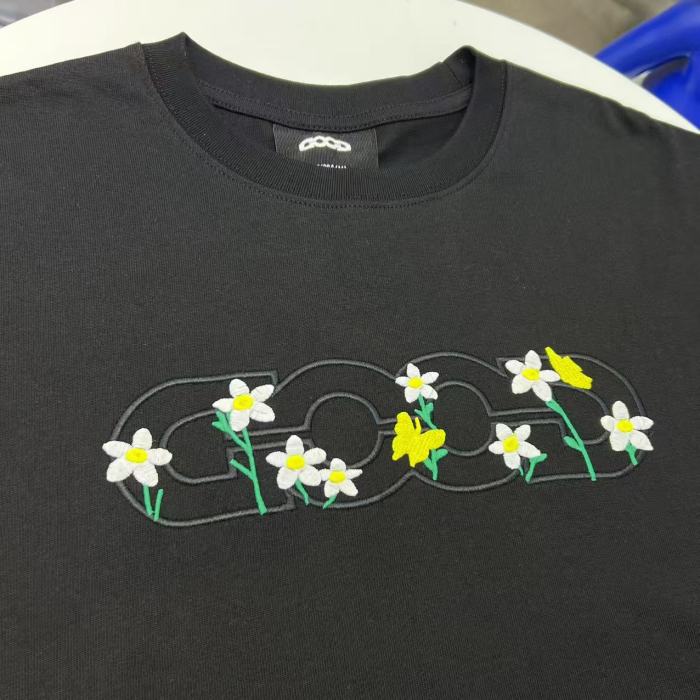 Yellow Stamen White Flower Butterfly Embroidery Tee 2 colors 29220603