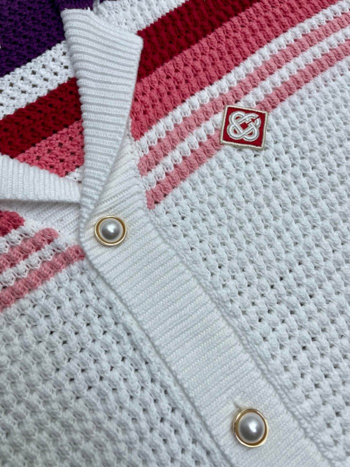 1:1 quality version Purple Red Pink Gradient Horizontal Striped Embroidered Badge Knit Shirt & Shorts Set 29220621