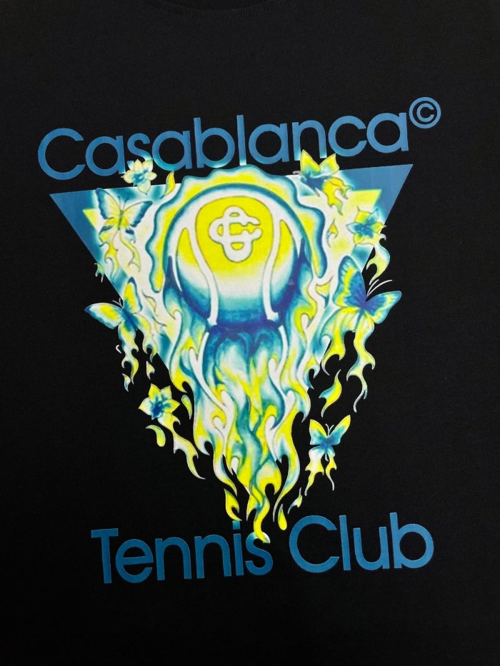 1:1 quality version Tennis Club Neon Blue Triangle Flame Butterfly Print T-shirt 29220539