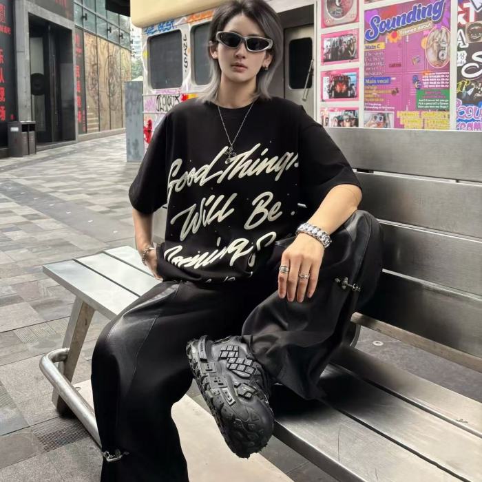 Unisex Handwritten Cursive 3D Puff Print Slogan Black T-shirt 29220104