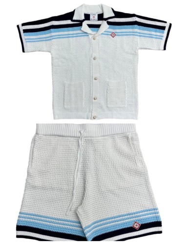 1:1 quality version Navy Light Blue White Horizontal Gradient Stripe Diamond Logo Embroidery Knit Shirt & Shorts Set 29220635