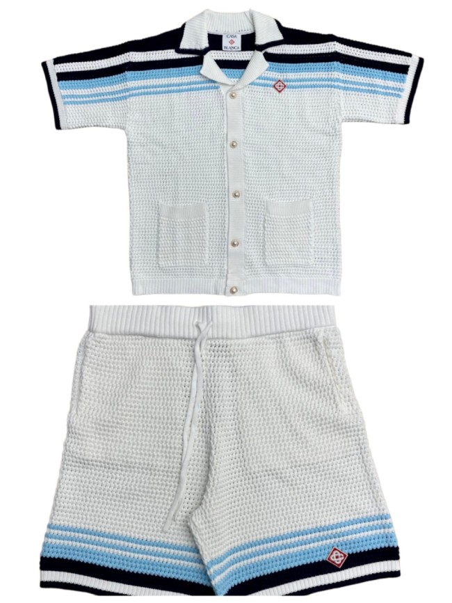 1:1 quality version Navy Light Blue White Horizontal Gradient Stripe Diamond Logo Embroidery Knit Shirt & Shorts Set 29220635