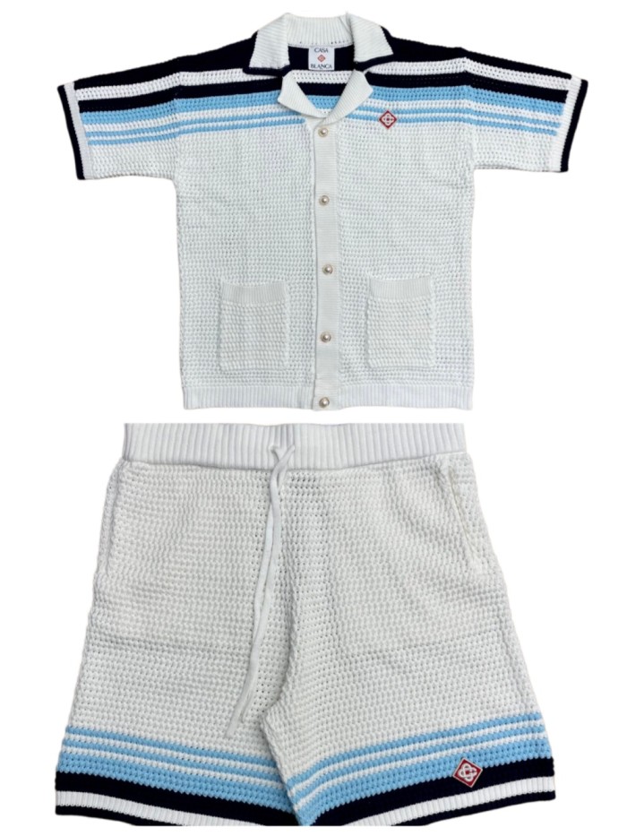 1:1 quality version Navy Light Blue White Horizontal Gradient Stripe Diamond Logo Embroidery Knit Shirt & Shorts Set 29220635