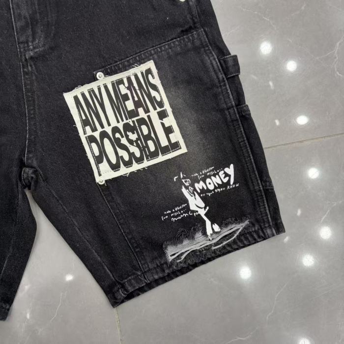 Text Patch Applique Ripped Panel Washed Denim Loose Carpenter Denim Shorts 2 colors 29285779