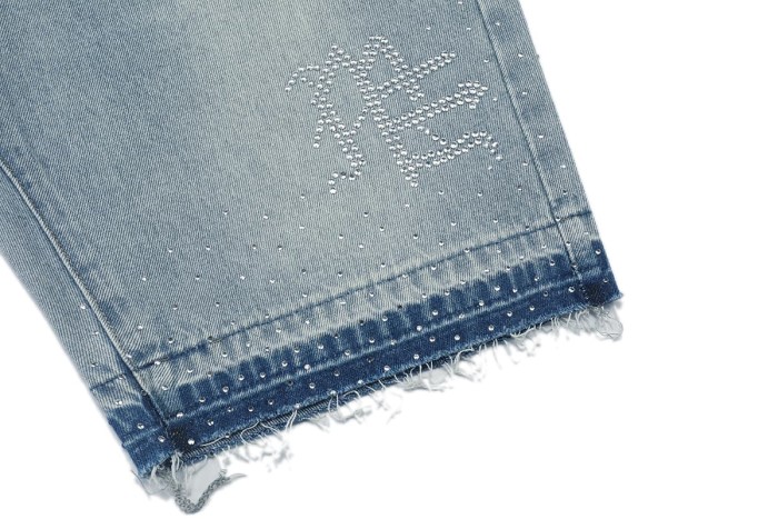All Over Rhinestone Logo Studded Contrast Hem Washed Denim Straight Denim Shorts 29285809