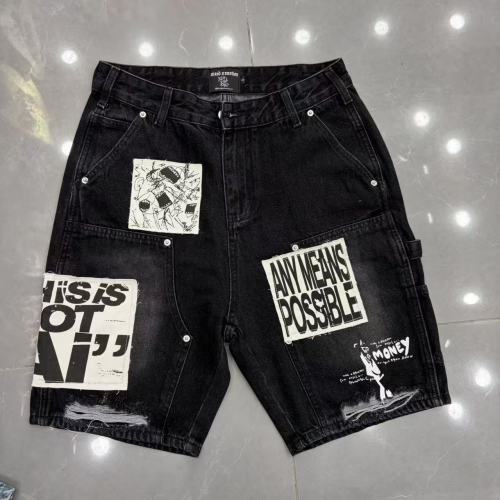 Text Patch Applique Ripped Panel Washed Denim Loose Carpenter Denim Shorts 2 colors 29285779