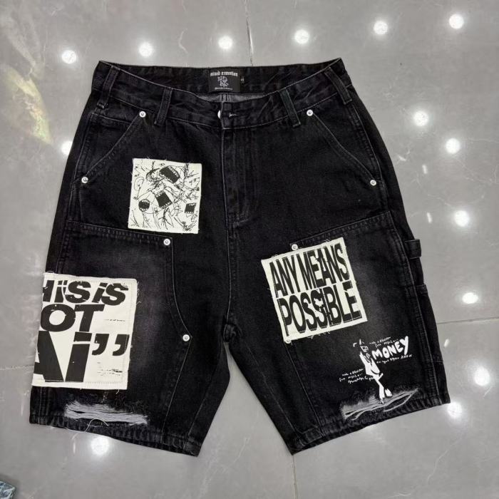 Text Patch Applique Ripped Panel Washed Denim Loose Carpenter Denim Shorts 2 colors 29285779