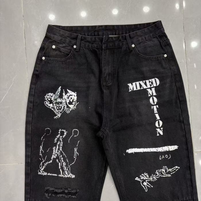 Full Graffiti Figure Print Ripped Distressed Washed Denim Men Wide Leg Straight Denim Jeans 2 colors 29285730