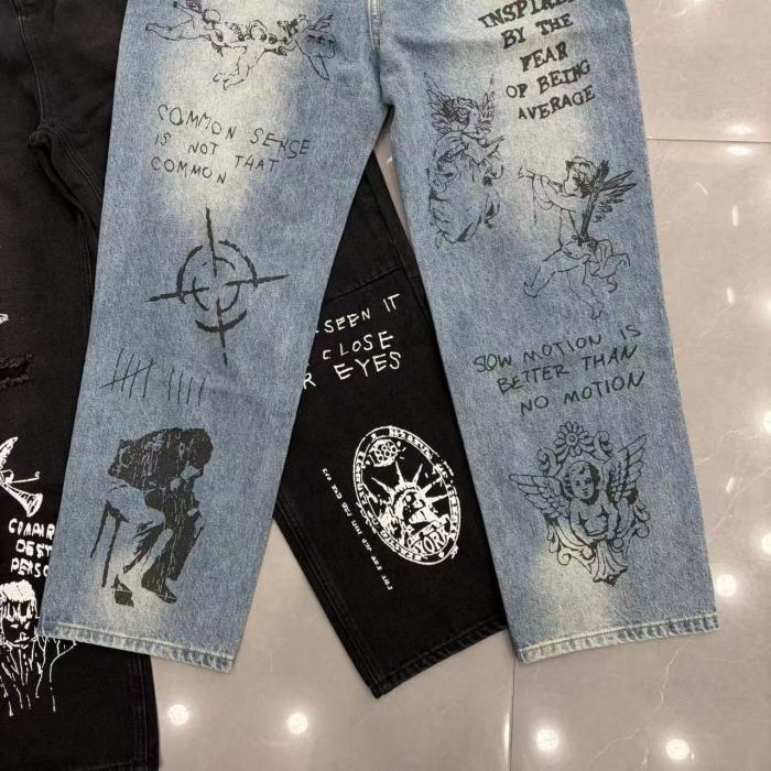Full Graffiti Figure Print Ripped Distressed Washed Denim Men Wide Leg Straight Denim Jeans 2 colors 29285730