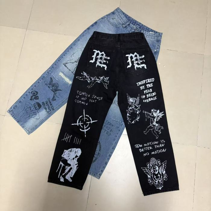Full Graffiti Figure Print Ripped Distressed Washed Denim Men Wide Leg Straight Denim Jeans 2 colors 29285730