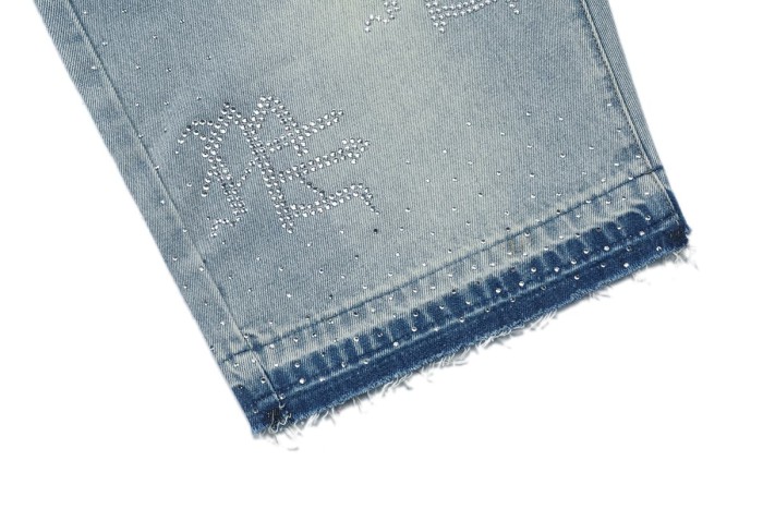 All Over Rhinestone Logo Studded Contrast Hem Washed Denim Straight Denim Shorts 29285809