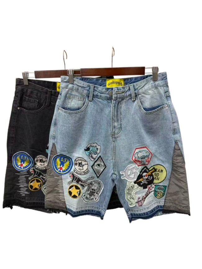 Multi Patches Embroidery Raw Hem Panel Washed Denim Shorts 2 colors 29285654