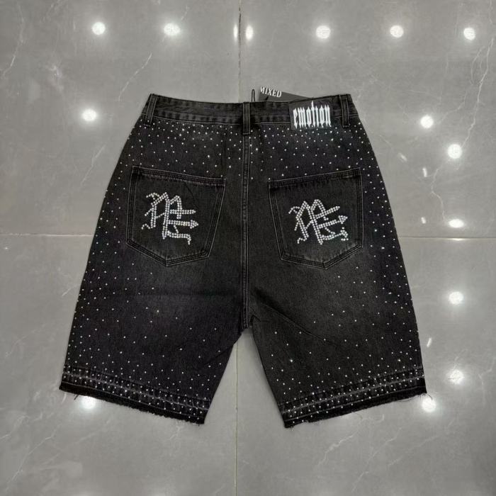 All Over Logo Rhinestone Studded Splash Hotfix Drill Frayed Raw Hem Denim Shorts 29285786