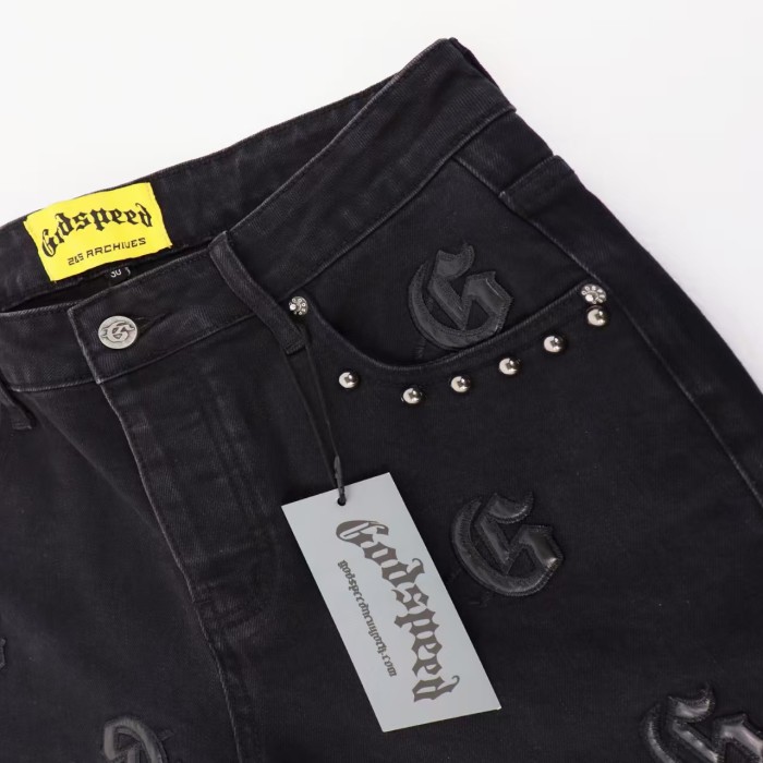 All Over Logo Embroidery Split Cuff Button Detail Acid Washed Flare Leg Jeans 3 colors 29285670
