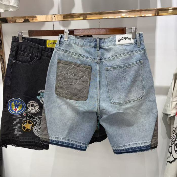 Multi Patches Embroidery Raw Hem Panel Washed Denim Shorts 2 colors 29285654