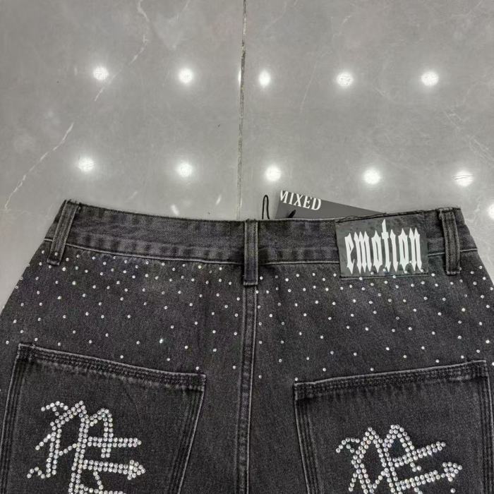 All Over Logo Rhinestone Studded Splash Hotfix Drill Frayed Raw Hem Denim Shorts 29285786