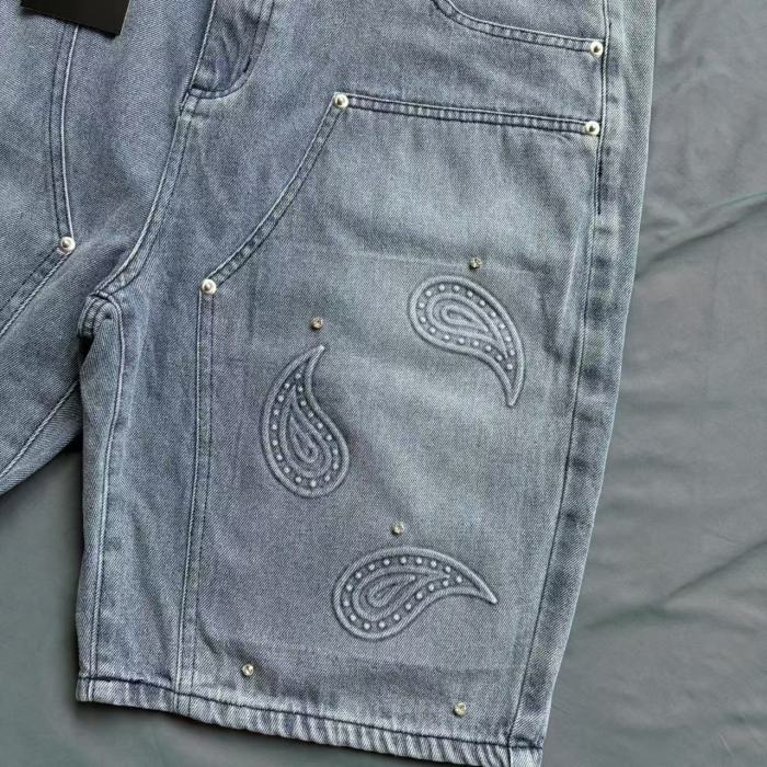 Paisley Embroidery Rhinestone Accent Gradient Washed Denim Shorts 2 colors 29285800