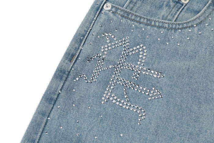 All Over Rhinestone Logo Studded Contrast Hem Washed Denim Straight Denim Shorts 29285809