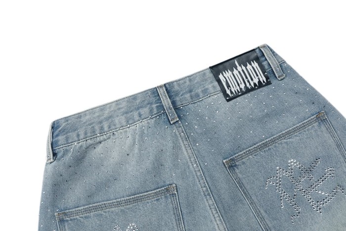All Over Rhinestone Logo Studded Contrast Hem Washed Denim Straight Denim Shorts 29285809