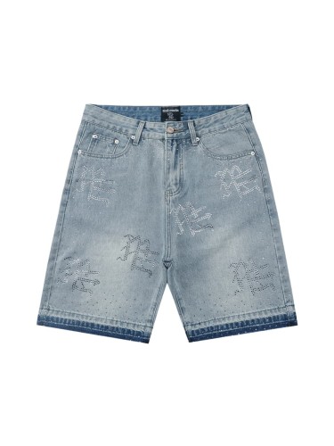 All Over Rhinestone Logo Studded Contrast Hem Washed Denim Straight Denim Shorts 29285809