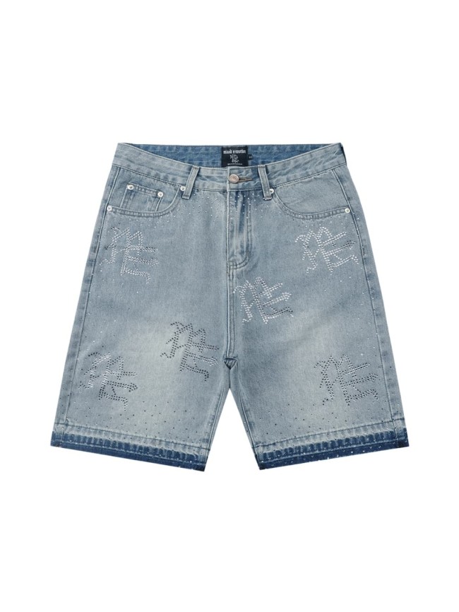 All Over Rhinestone Logo Studded Contrast Hem Washed Denim Straight Denim Shorts 29285809