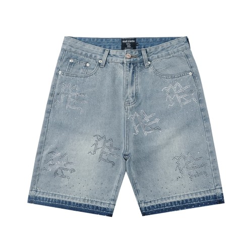 All Over Rhinestone Logo Studded Contrast Hem Washed Denim Straight Denim Shorts 29285809