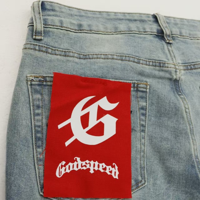 All Over Logo Embroidery Split Cuff Button Detail Acid Washed Flare Leg Jeans 3 colors 29285670
