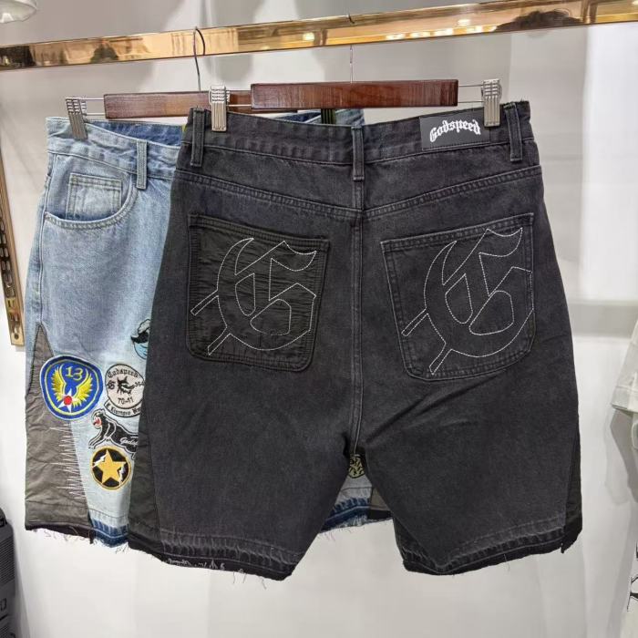 Multi Patches Embroidery Raw Hem Panel Washed Denim Shorts 2 colors 29285654
