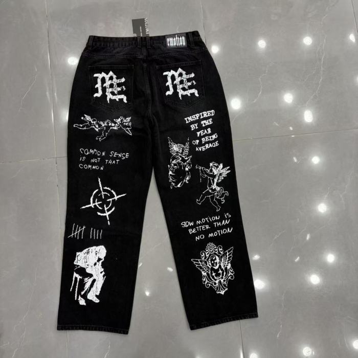 Full Graffiti Figure Print Ripped Distressed Washed Denim Men Wide Leg Straight Denim Jeans 2 colors 29285730