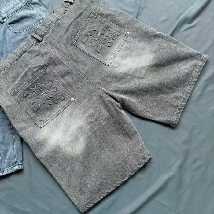 Paisley Embroidery Rhinestone Accent Gradient Washed Denim Shorts 2 colors 29285800