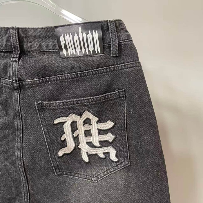 Multi Motif Patch Applique Embroidery Gothic Letter Towel Embroidery Washed Denim Shorts 29285831