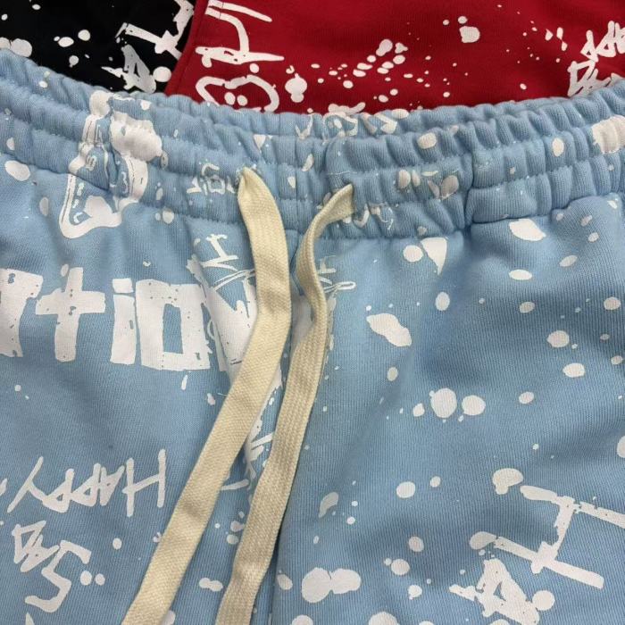 Splatter Graffiti Print Raw Hem Drawstring Terry Cloth Loose Sweat Shorts 4 colors 29285758